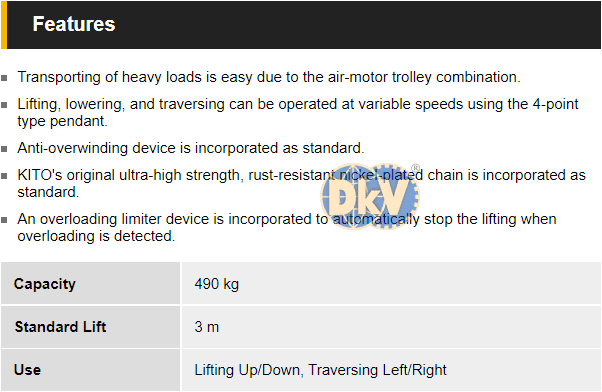 Pa lăng xích khí nén Kito TCRM04PS, Kito pneumatic chain hoists TCRM04PS