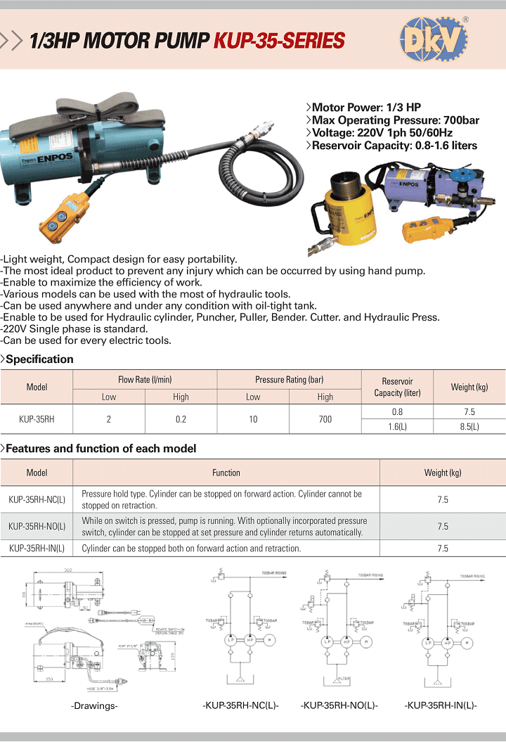 Bơm điện thủy lực Hàn Quốc Enpos KUP-35RH-NC(L), Enpos electric hydraulic pump KUP-35RH-NC(L)