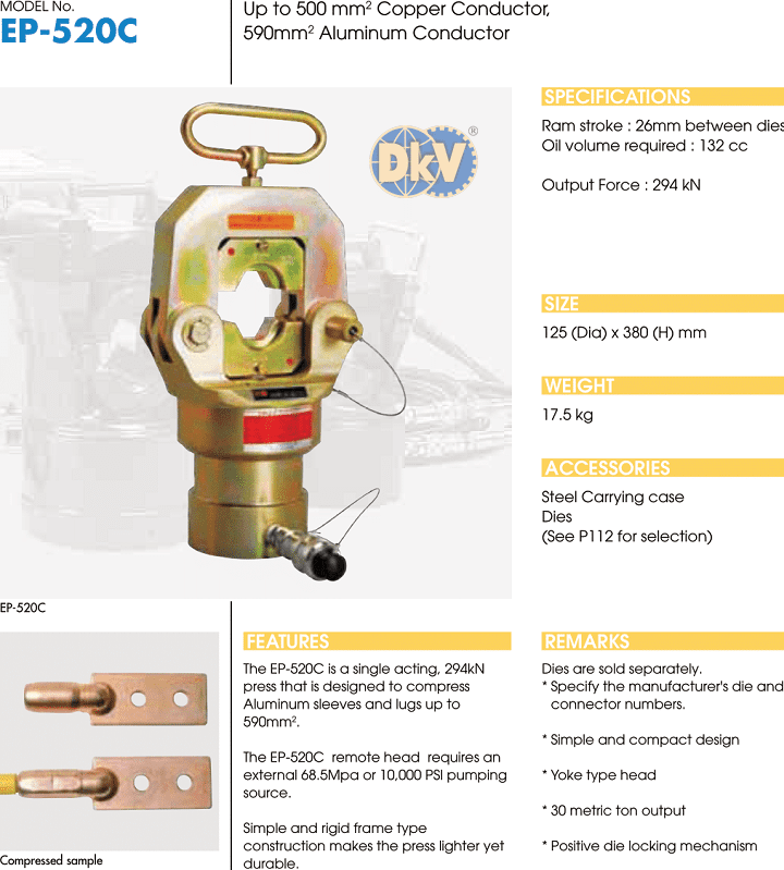 Đầu ép cos thủy lực Izumi EP-520C, Izumi hydraulic compression tools EP-520C