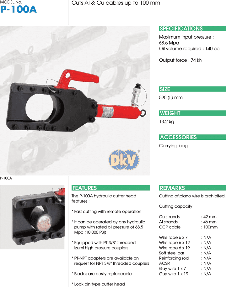 Đầu cắt cable thủy lực Izumi P-100A, Izumi hydraulic cutters P-100A
