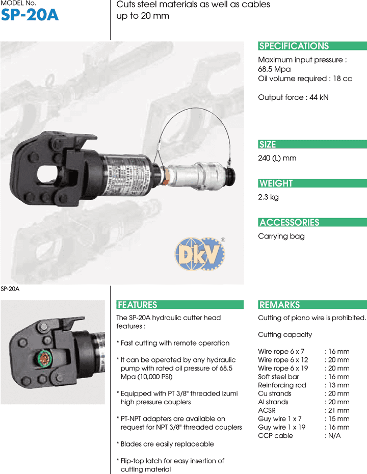 Đầu cắt cable thủy lực Izumi S-20A, Izumi hydraulic cutters S-20A