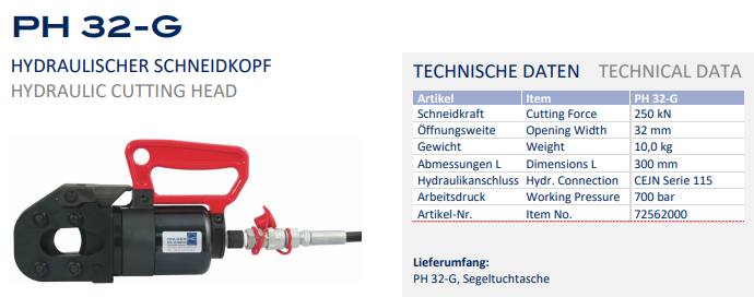 Đầu cắt cable thủy lực Holger Clasen PH 32-G, Holger Clasen hydraulic cable Cutter PH 32-G