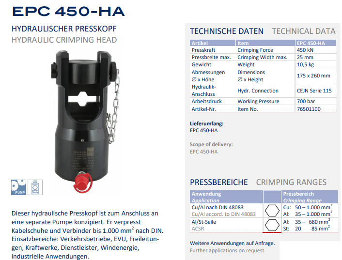 Đầu ép cốt thủy lực Holger Clasen EPC 450-HA, Holger Clasen hydraulic Crimpers EPC 450-HA