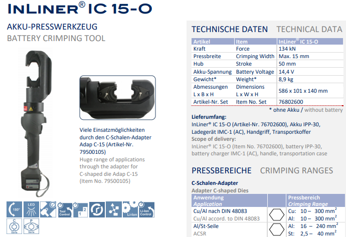 Máy ép cốt thủy lực Holger Clasen InLiner® IC 15-O-Set, Holger Clasen hydraulic Crimpers InLiner® IC 15-O-Set