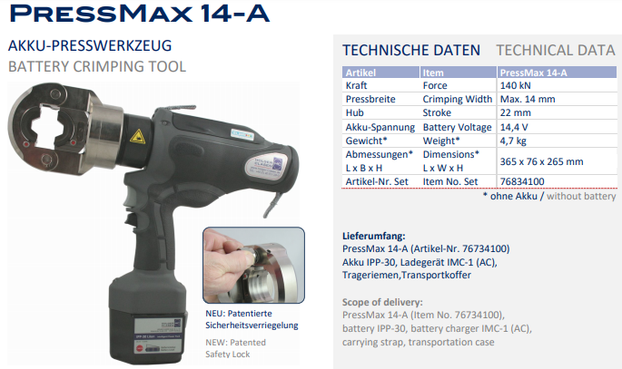 Máy ép cốt thủy lực Holger Clasen PressMax 14-A-Set, Holger Clasen hydraulic Crimpers PressMax 14-A-Set