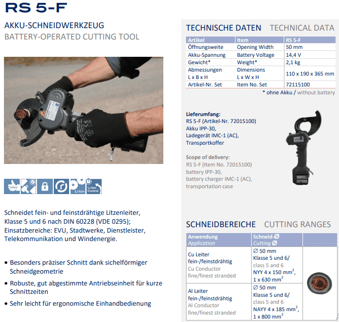 Máy cắt cable thủy lực Holger Clasen RS 5-F-Set, Holger Clasen hydraulic cable cutter RS 5-F-Set