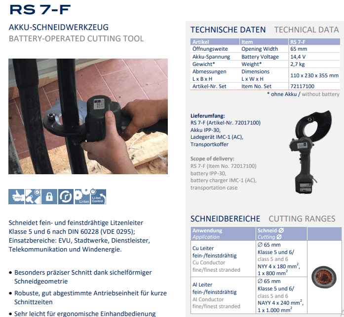 Máy cắt cable thủy lực Holger Clasen RS 7-F-Set, Holger Clasen hydraulic cable cutter RS 7-F-Set